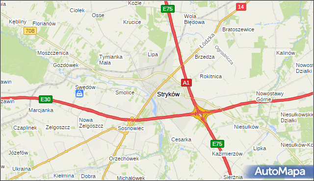 mapa Stryków powiat zgierski, Stryków powiat zgierski na mapie Targeo