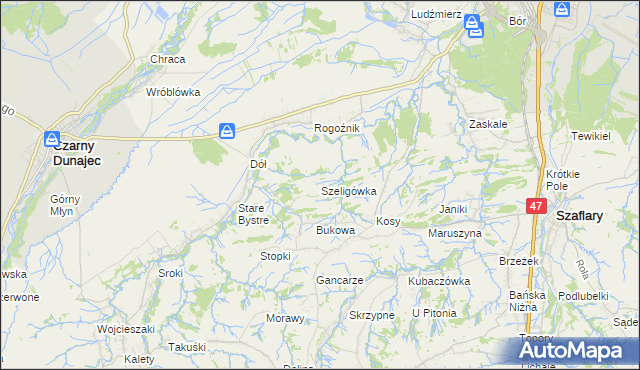 mapa Szeligówka gmina Czarny Dunajec, Szeligówka gmina Czarny Dunajec na mapie Targeo