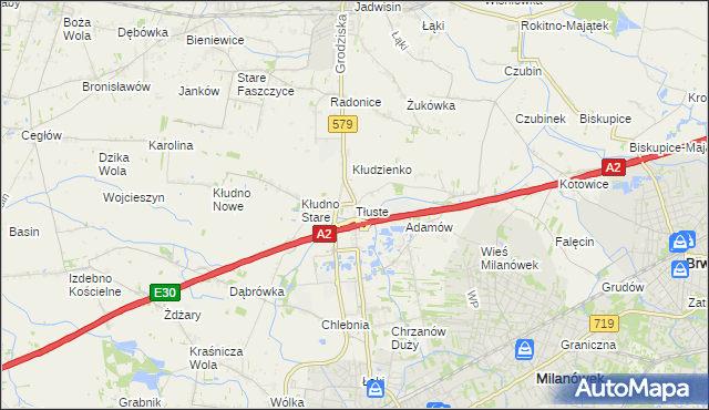 mapa Tłuste gmina Grodzisk Mazowiecki, Tłuste gmina Grodzisk Mazowiecki na mapie Targeo