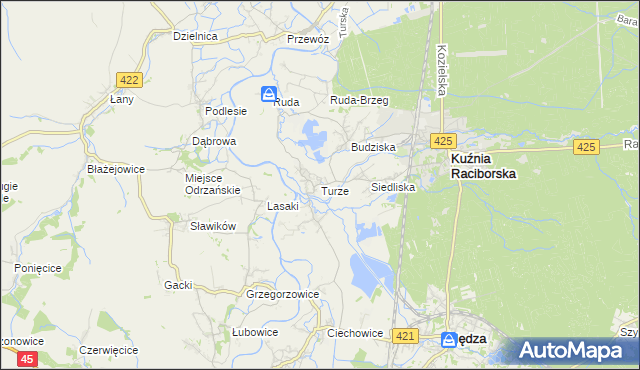 mapa Turze gmina Kuźnia Raciborska, Turze gmina Kuźnia Raciborska na mapie Targeo