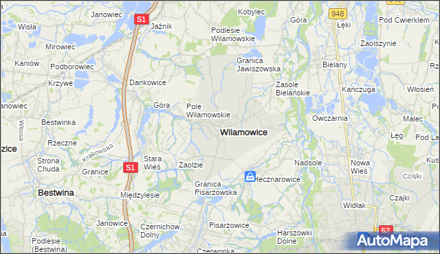 mapa Wilamowice powiat bielski, Wilamowice powiat bielski na mapie Targeo