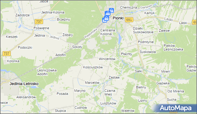 mapa Wincentów gmina Pionki, Wincentów gmina Pionki na mapie Targeo