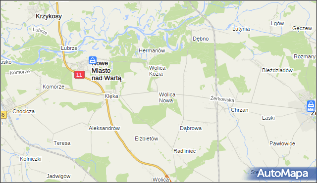 mapa Wolica Nowa gmina Nowe Miasto nad Wartą, Wolica Nowa gmina Nowe Miasto nad Wartą na mapie Targeo