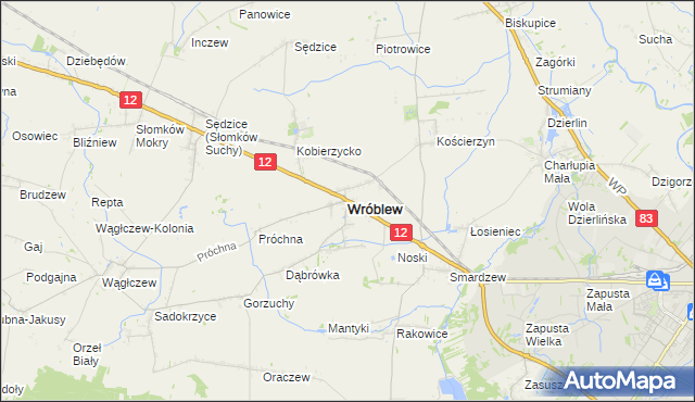 mapa Wróblew powiat sieradzki, Wróblew powiat sieradzki na mapie Targeo