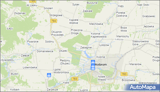 mapa Zabagnie gmina Wolbrom, Zabagnie gmina Wolbrom na mapie Targeo