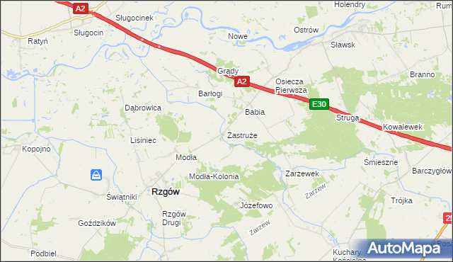 mapa Zastruże gmina Rzgów, Zastruże gmina Rzgów na mapie Targeo