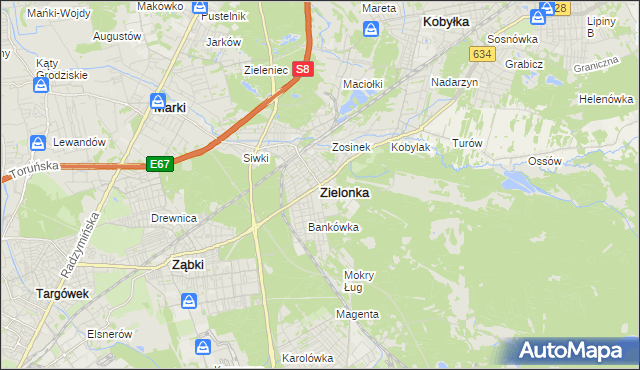 mapa Zielonka powiat wołomiński, Zielonka powiat wołomiński na mapie Targeo