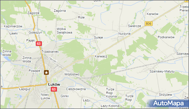 mapa Karwacz gmina Łuków, Karwacz gmina Łuków na mapie Targeo