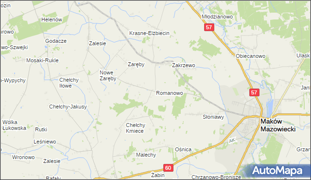 mapa Romanowo gmina Karniewo, Romanowo gmina Karniewo na mapie Targeo