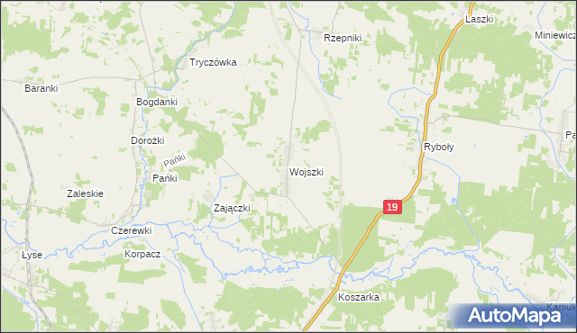 mapa Wojszki gmina Juchnowiec Kościelny, Wojszki gmina Juchnowiec Kościelny na mapie Targeo