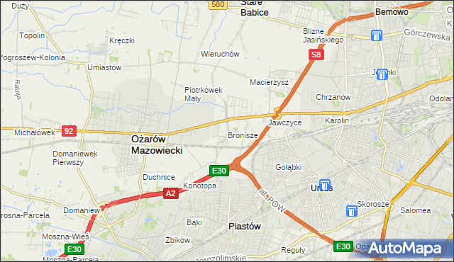 mapa Bronisze gmina Ożarów Mazowiecki, Bronisze gmina Ożarów Mazowiecki na mapie Targeo