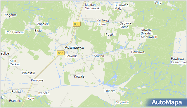 mapa Krasne gmina Adamówka, Krasne gmina Adamówka na mapie Targeo