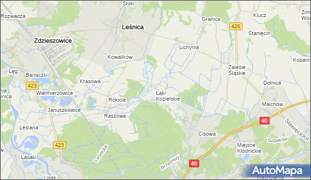 mapa Łąki Kozielskie, Łąki Kozielskie na mapie Targeo