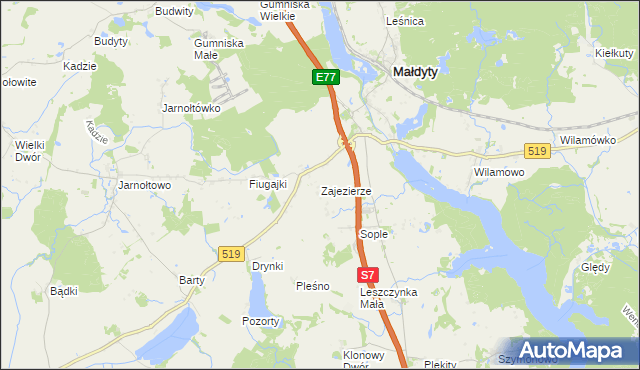 mapa Zajezierze gmina Małdyty, Zajezierze gmina Małdyty na mapie Targeo