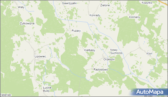 mapa Kiełbasy gmina Rozogi, Kiełbasy gmina Rozogi na mapie Targeo