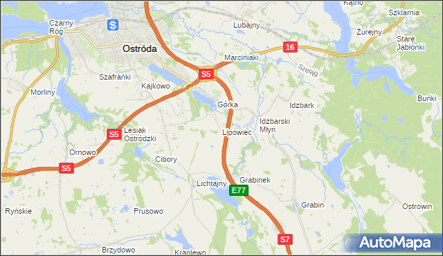 mapa Lipowiec gmina Ostróda, Lipowiec gmina Ostróda na mapie Targeo