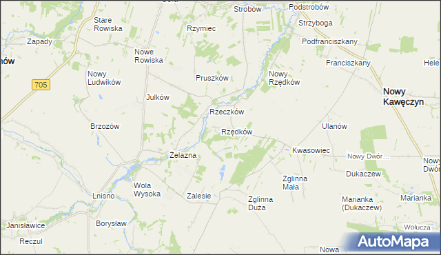 mapa Rzędków gmina Nowy Kawęczyn, Rzędków gmina Nowy Kawęczyn na mapie Targeo