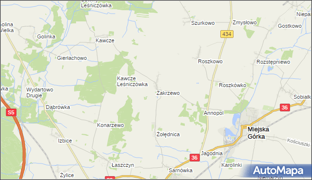 mapa Zakrzewo gmina Miejska Górka, Zakrzewo gmina Miejska Górka na mapie Targeo