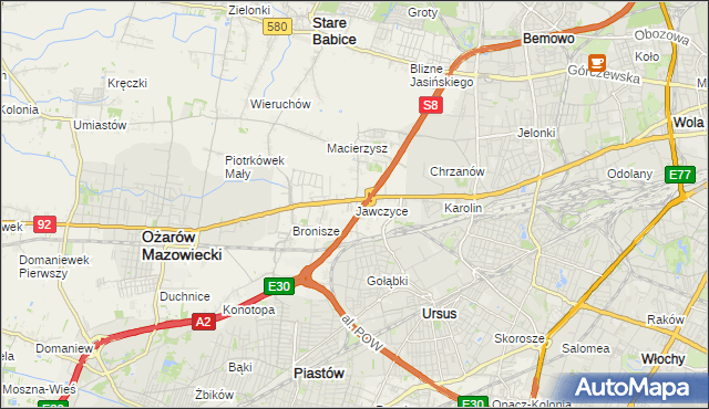 mapa Jawczyce gmina Ożarów Mazowiecki, Jawczyce gmina Ożarów Mazowiecki na mapie Targeo