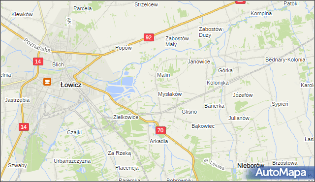 mapa Mysłaków gmina Nieborów, Mysłaków gmina Nieborów na mapie Targeo