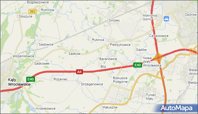 mapa Baranowice gmina Kąty Wrocławskie, Baranowice gmina Kąty Wrocławskie na mapie Targeo