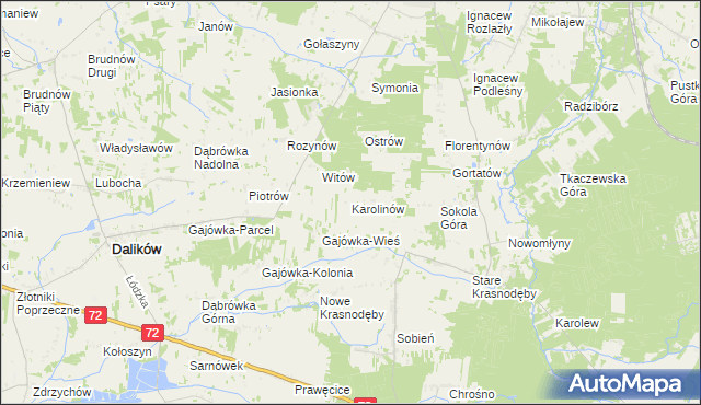mapa Karolinów gmina Dalików, Karolinów gmina Dalików na mapie Targeo
