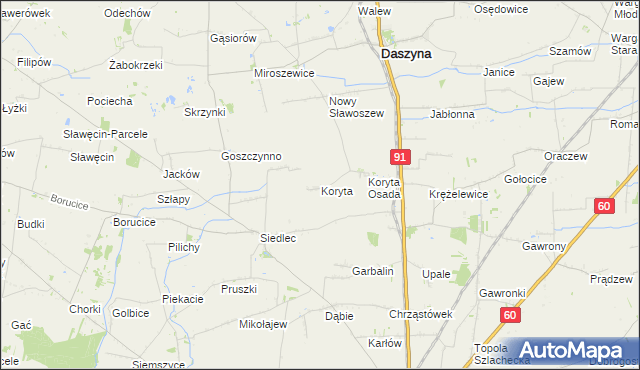 mapa Koryta gmina Daszyna, Koryta gmina Daszyna na mapie Targeo