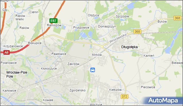 mapa Mirków gmina Długołęka, Mirków gmina Długołęka na mapie Targeo