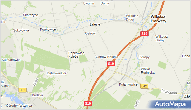 mapa Ostrów-Kolonia gmina Wilkołaz, Ostrów-Kolonia gmina Wilkołaz na mapie Targeo