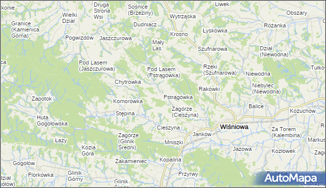 mapa Pstrągówka gmina Wiśniowa, Pstrągówka gmina Wiśniowa na mapie Targeo