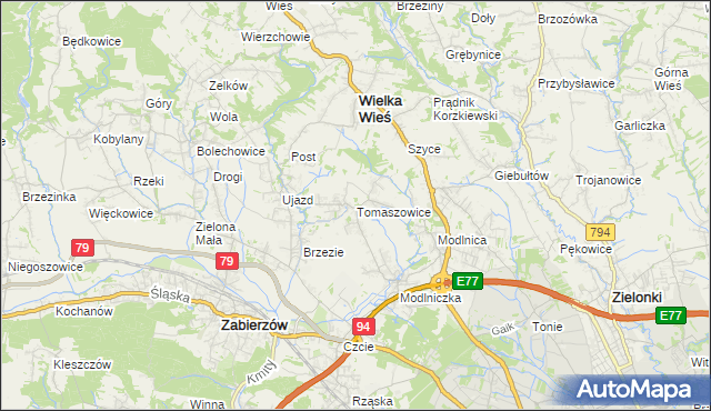 mapa Tomaszowice gmina Wielka Wieś, Tomaszowice gmina Wielka Wieś na mapie Targeo