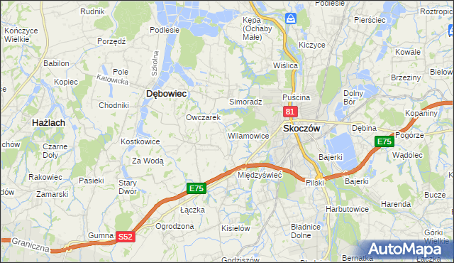 mapa Wilamowice gmina Skoczów, Wilamowice gmina Skoczów na mapie Targeo