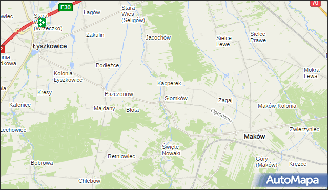 mapa Słomków gmina Maków, Słomków gmina Maków na mapie Targeo