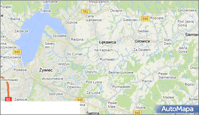 mapa Rychwałd gmina Gilowice, Rychwałd gmina Gilowice na mapie Targeo