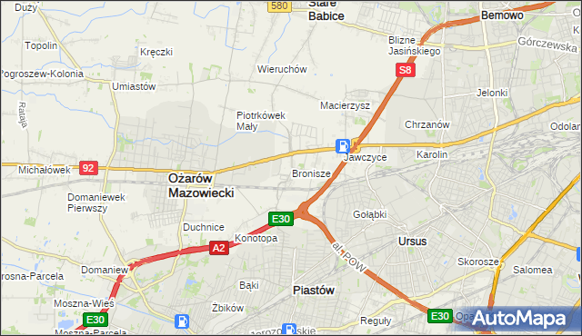 mapa Bronisze gmina Ożarów Mazowiecki, Bronisze gmina Ożarów Mazowiecki na mapie Targeo