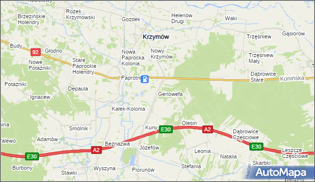 mapa Genowefa gmina Krzymów, Genowefa gmina Krzymów na mapie Targeo