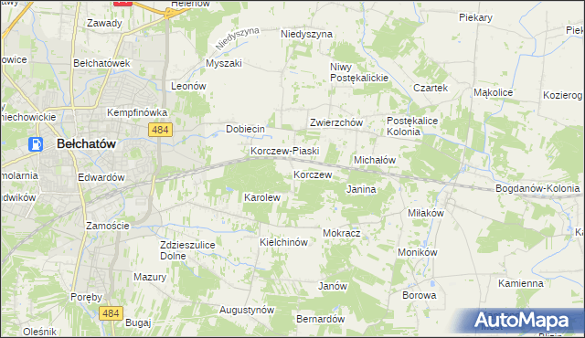 mapa Korczew gmina Bełchatów, Korczew gmina Bełchatów na mapie Targeo