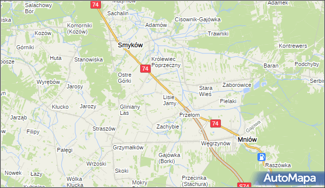 mapa Lisie Jamy gmina Mniów, Lisie Jamy gmina Mniów na mapie Targeo