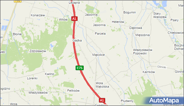 mapa Mąkolice gmina Głowno, Mąkolice gmina Głowno na mapie Targeo