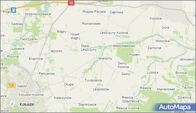 mapa Wierzchy gmina Koluszki, Wierzchy gmina Koluszki na mapie Targeo