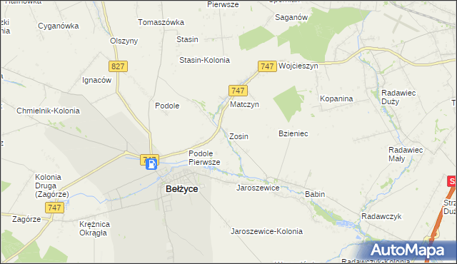 mapa Zosin gmina Bełżyce, Zosin gmina Bełżyce na mapie Targeo