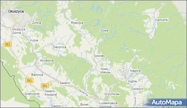 mapa Sokolec gmina Nowa Ruda, Sokolec gmina Nowa Ruda na mapie Targeo