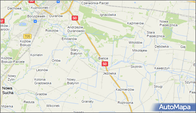 mapa Bielice gmina Sochaczew, Bielice gmina Sochaczew na mapie Targeo
