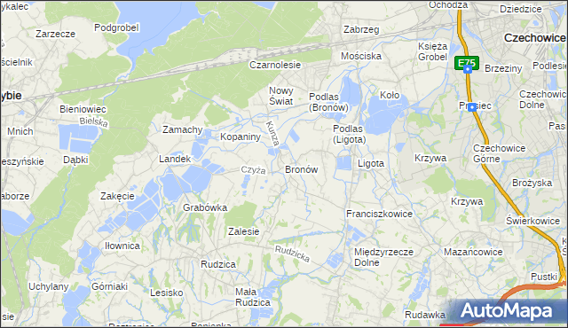 mapa Bronów gmina Czechowice-Dziedzice, Bronów gmina Czechowice-Dziedzice na mapie Targeo