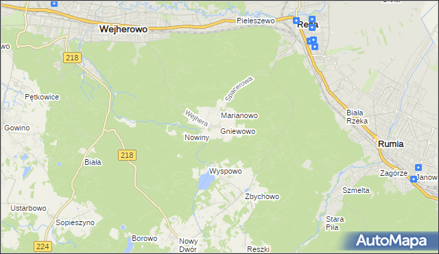 mapa Gniewowo gmina Wejherowo, Gniewowo gmina Wejherowo na mapie Targeo