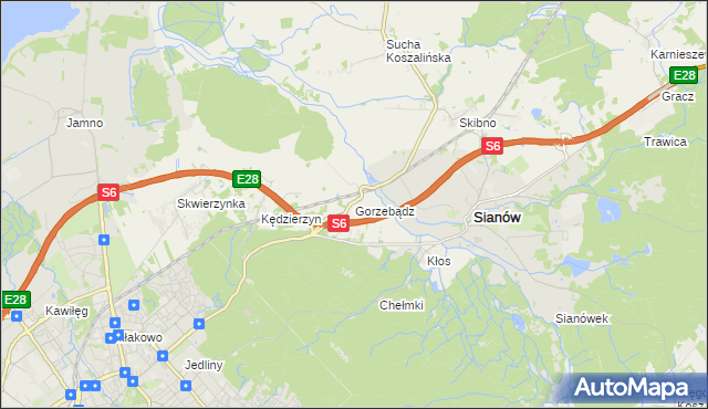 mapa Gorzebądz gmina Sianów, Gorzebądz gmina Sianów na mapie Targeo