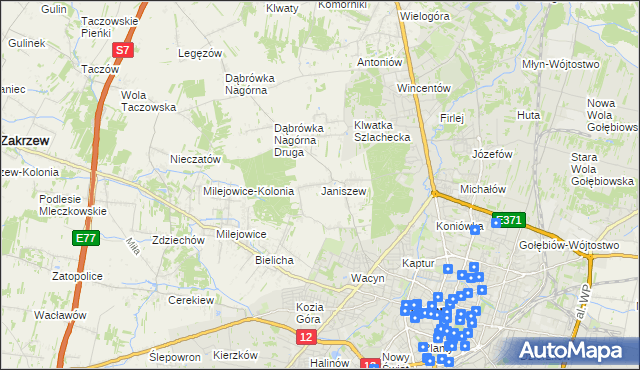 mapa Janiszew gmina Zakrzew, Janiszew gmina Zakrzew na mapie Targeo