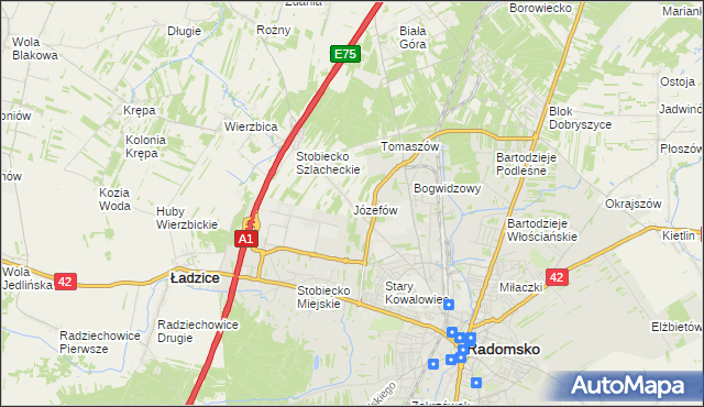 mapa Józefów gmina Ładzice, Józefów gmina Ładzice na mapie Targeo