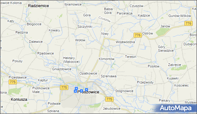 mapa Klimontów gmina Proszowice, Klimontów gmina Proszowice na mapie Targeo