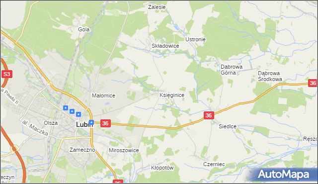 mapa Księginice gmina Lubin, Księginice gmina Lubin na mapie Targeo